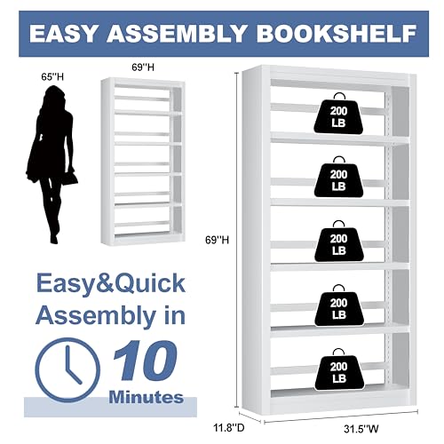 VASAAOSD Metal Bookshelf - Adjustable White Bookcase, 5 Tier Book Shelf | Heavy Duty Sturdy Book Case, Modern Bookshelves and Bookcases for Home Office, Living Room, Bedroom, Library(69" H) - color: White, size: 69" H