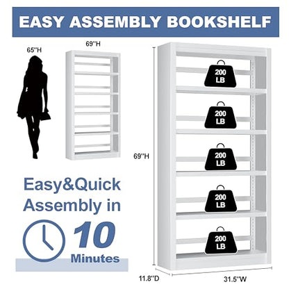 VASAAOSD Metal Bookshelf - Adjustable White Bookcase, 5 Tier Book Shelf | Heavy Duty Sturdy Book Case, Modern Bookshelves and Bookcases for Home Office, Living Room, Bedroom, Library(69" H) - color: White, size: 69" H
