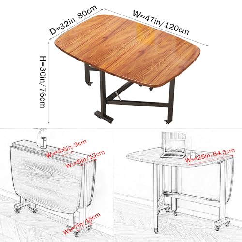 Multifunction Table Drop Leaf Dining Table - 47" Wooden Foldable Kitchen Table with 6 Wheels (Brown) - color: Brown
