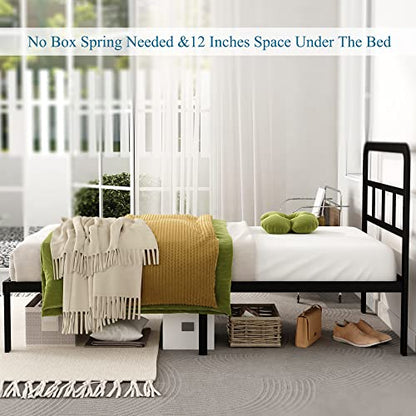 DiaOutro Twin Bed Frame with Headboard 14 Inch Metal Platform, Black | Heavy Duty Bed For Kids Adults, Steel Slat Supports No Box Spring Needed, Easy Assembly, Noise Free - size: Twin, style: 14 Inch