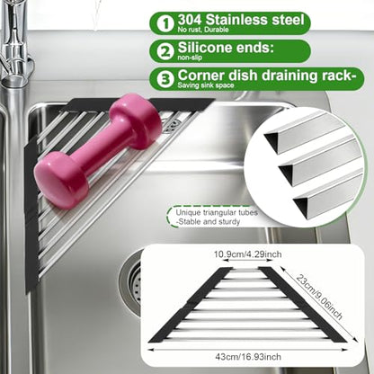 Small Triangle Foldable Dish Drying Rack with Silicone Ends for Sink Corner | Sink Cover, 304 stainless steel, Space-Saving, Over-the-Sink Drainer, on the counter, Easy Cleaning, Rustproof,All-in-one
