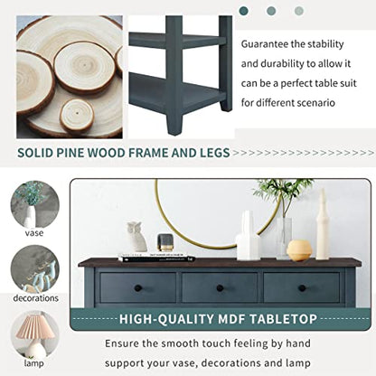 Modern Console Table, Pine Solid Wood Sofa Table with 3 Drawers and 2 Shelves, Entryway Table Sideboard Buffet Table for Living Room, 220 LBS Weight Capacity, Easy Assembly (Navy-1) - color: Navy-1