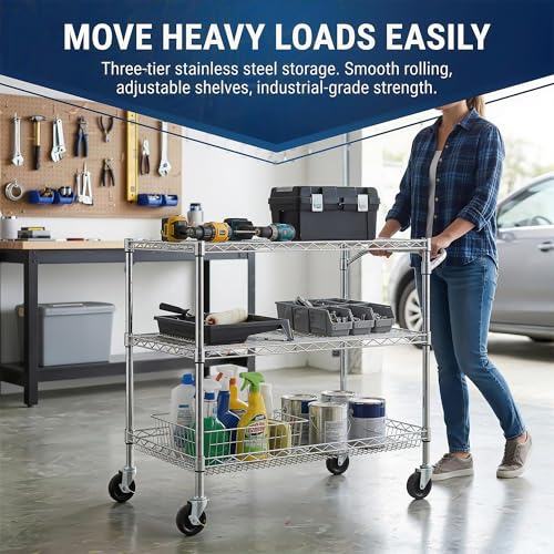 Finnhomy 3 Tier Heavy Duty Commercial Grade Utility Cart, Wire Rolling Cart with Handle Bar, Steel Service Cart with Wheels, Kitchen Carts on Wheels, Metal Cart Shelf Size 24" D x 36" W, NSF, Chrome - size: 36"L x 24"W x 35.4"H-3 Tier, style: Chrome Cart