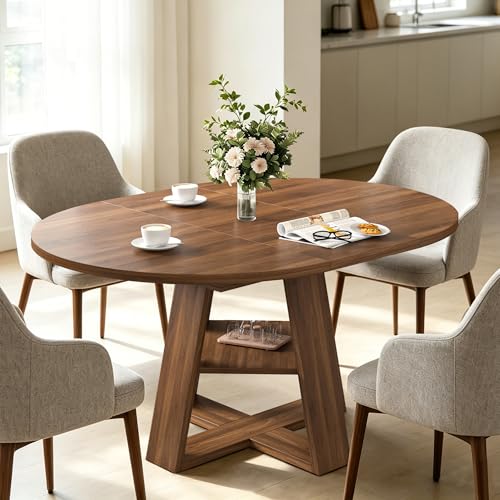 43.3"-59" Extendable Round Oval Dining Table for 4-8 with Storage Shelf | Modern Kitchen Oval Dining Table with Removable Leaves,Space Saving Extendable Table Wood Base for Kitchen Living Room Walnut - color: Walnut