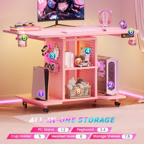 SEDETA Small Standing Gaming Desk, 31.5" Rolling Computer PC Desk Electric Height Adjustable with Power Outlet, Pegboard & Storage Shelves, LED Light, for Small Spaces/Bedroom/Gaming/Girl Room, Pink - color: Pink