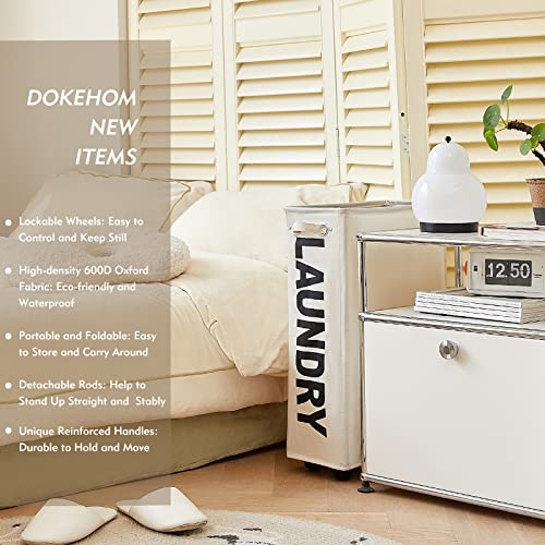 DOKEHOM 25" Slim Rolling Laundry Basket Hamper, Narrow on Wheels, Beige | Collapsible narrow laundry hamper with mesh drawstring closure. Foldable corner clothes storage bin for small spaces - color: Beige/M, size: Slim Plus 25"