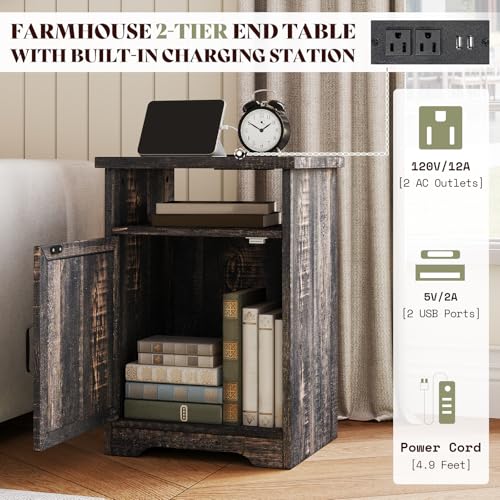 AMERLIFE 3 Piece Farmhouse Living Room Coffee Table Set, Dark Oak | Coffee Table & 2 End Tables with Charging Station and USB Ports, Farmhouse Style, Barn Door Design, Living Room Furniture - color: Dark Oak