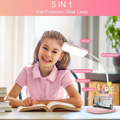 LED Desk Lamp with 10W Wireless Charging & Pen Holder, Pink | CRI 95, 800LM, Stepless Dimming, 3 Modes, 360°Flexible Arm, Touch, Study Table Lamp for Home Office, Dorm Room, with Adapter - color: Pink