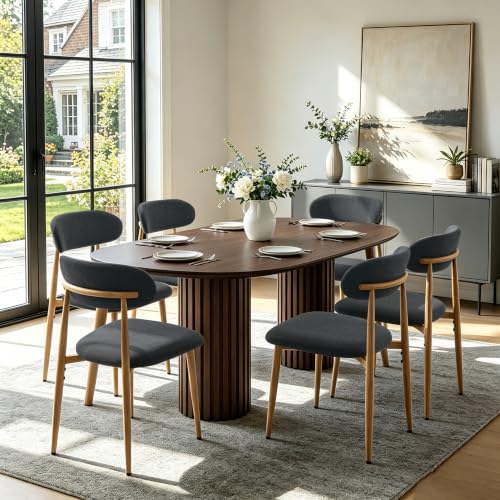 FREKEN Modern Upholstered Dining Chairs Set of 6, Mid-Century Metal Frame with Wood Grain, Linen Fabric Side Chair for Kitchen Dining Room, 350lbs Capacity, Black - color: Black - Wood Grain Legs, size: Set of 6