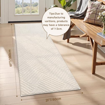 2x6 Bedroom Runner, Soft Beige Geometric Fluffy Hallway Mat | Washable Modern Hall Floor Rug, Non Slip Shaggy Boho Indoor Accent Kitchen Throw Carpet for Laundry, Entyway and Bathroom - size: 2' x 6' (Runner)