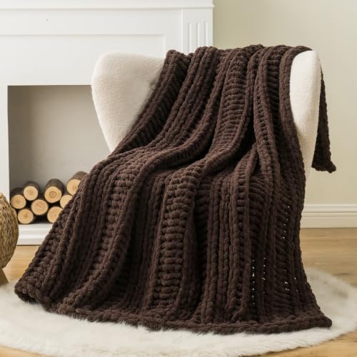 Battilo Chunky Knit Throw Blanket for Couch, 50"x60", Chocolate Brown | Hand Knit, Gift Blanket, Cozy Warm Thick Soft Chenille Throw Blanket for Bed, Sofa, Chair, Living Room - color: Brown