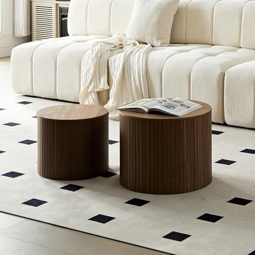 Round Nesting Coffee Table Set of 2, Wood Side Tables with Storage | Fluted Walnut Accent and End Tables Sets, Mid Century Modern, Living room, bedroom, office, small spaces - color: Walnut With Storage