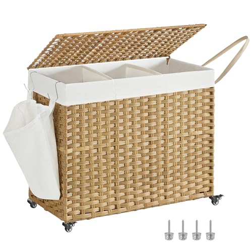 SONGMICS Laundry Hamper with Lid, 42.3 Gallons (160 L), Rolling Laundry Basket with Wheels, 3-Section Synthetic Rattan, Removable Liner, Bedroom, 29.9 x 13 x 26 Inches, Natural ULCB365N01 - color: Natural, size: 160 L