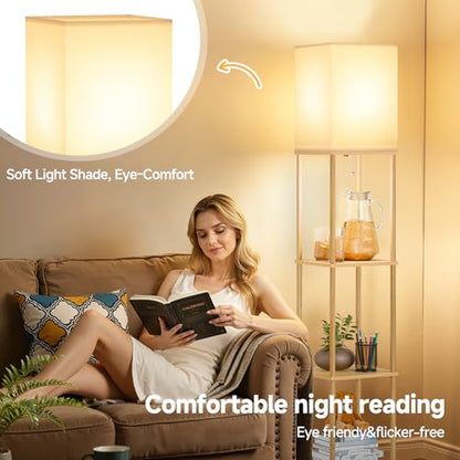 Coucrek 2-Pack Floor Lamp with Shelves, 3-Tier Standing Shelf Lamp | 3CCT 950LM Bulb Included, Storage Bookshelf Tall Lamps for Living Room Bedroom Office - color: Wood