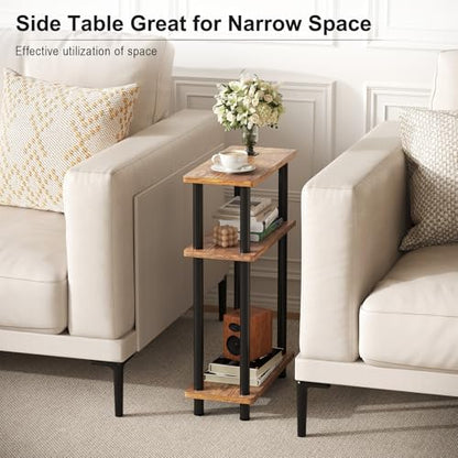 Apicizon Narrow Side Table with Fabric Basket, 3-Tier End Table,Brown Black | Sofa Side Table, Wood Storage Shelf, Slim Nightstand, Skinny Bedside Table for Narrow Spaces, Living Room, Bedroom - color: Rustic Brown and Black, style: Narrow Side Table with