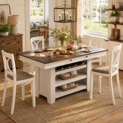 Farmhouse Dining Counter Height Table with Wine Rack & 3 Shelves, 36" Wooden Tall Dining Table with 2 Drawers, Thick Frame Counter Height Kitchen Table for Entertaining, Retro White Brown - color: Retro White Brown
