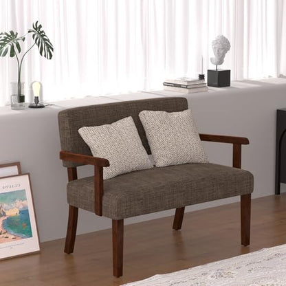 Accent Chair 2 Seat, Upholstered Reading Leisure Chair, Bench with Solid Wood Frame for Dining, Reading,Waiting Rooms (Brown) - color: Brown, size: Bench