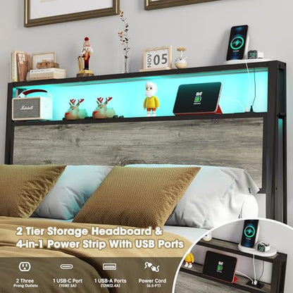 RVONOW Queen Size Bed Frame with 2-Tier Storage Headboard, Rustic Grey | Wooden headboard with LED lights, built-in charging station, No Box Spring Needed, Noise Free, Easy Assembly, Modern Bedroom - color: Rustic Grey, size: Queen