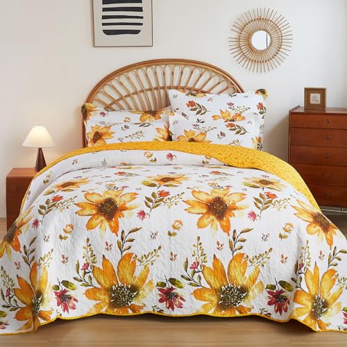 EVENHUG 100% Cotton Quilt Set Twin Size Yellow Sunflower Floral Bedding Sets with Pillow Shams Breathable Lightweight Bedspreads Coverlet for All Season 3 Piece (68"x86") - color: Yellow, size: Twin