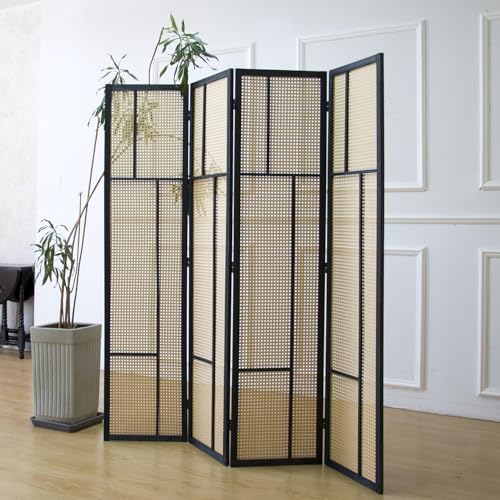 4 Panel Rattan Room Divider, 5.6 ft Tall Double-Sided Folding Privacy Screen for Room Separation, Decorative Panel Screen with Brown Wood Frame for Home & Office (67" H x 63" W)