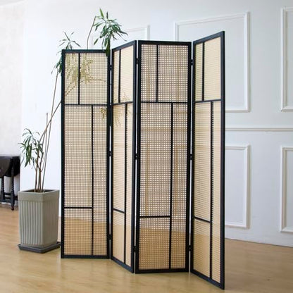 4 Panel Rattan Room Divider, 5.6 ft Tall Double-Sided Folding Privacy Screen for Room Separation, Decorative Panel Screen with Brown Wood Frame for Home & Office (67" H x 63" W)