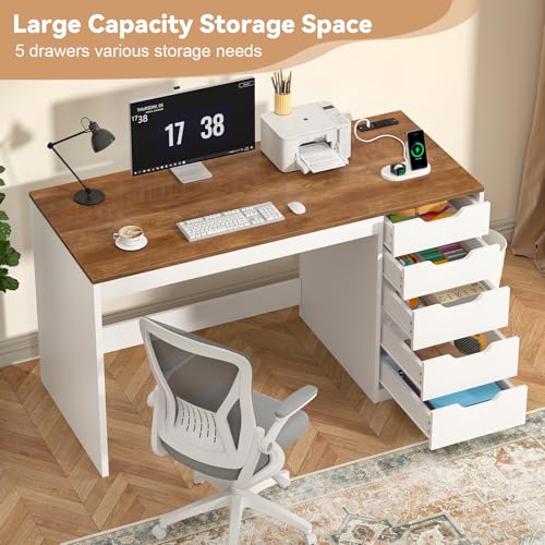 47 Inch Small Computer Desk with 5 Drawers and Outlets for Home Office | Home Office Desks with Storage File Cabinet and Charging Station, Modern Simple Laptop Desk Writing Table, Brown and White - color: Brown and White