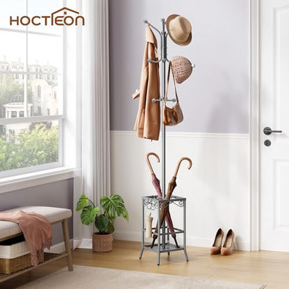Hoctieon Coat Rack Freestanding, Coat Tree with Umbrella Holder | Metal Coat Rack Stand with 12 Hooks, Standing Coat Hanger Stand, Umbrella Stand for Entryway, Hat Rack Stand for Home Office - color: Gray