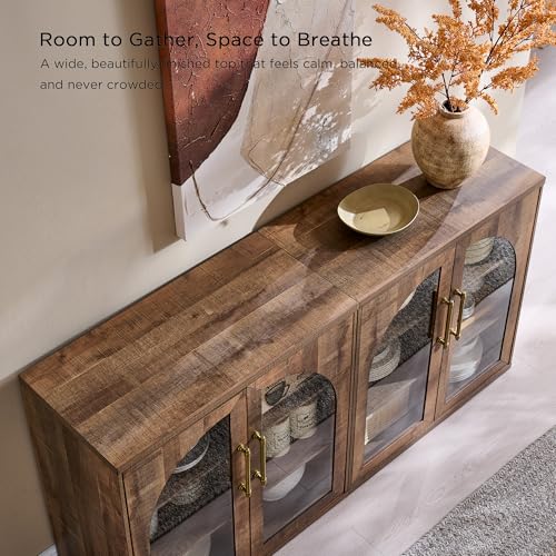 Glass Arched Door Sideboard Buffet Cabinet Set of 2, Rustic Oak | Modular, Multi-Compartment Storage, Adjustable Shelf, Soft Close Hinges, Freestanding, for Dining Room, Living Room - color: Rusti Brown