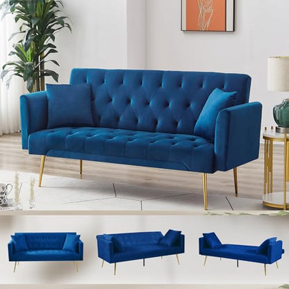 72"Modern Velvet Sofa Bed Futon,Convertible Folding Sleeper Bed Couches with 3 Adjustable Backrests,Tufted Recliner Love Seat with Golden Chrome Legs for Living Room Apartment Office (Navy+pillows) - color: Navy+pillows
