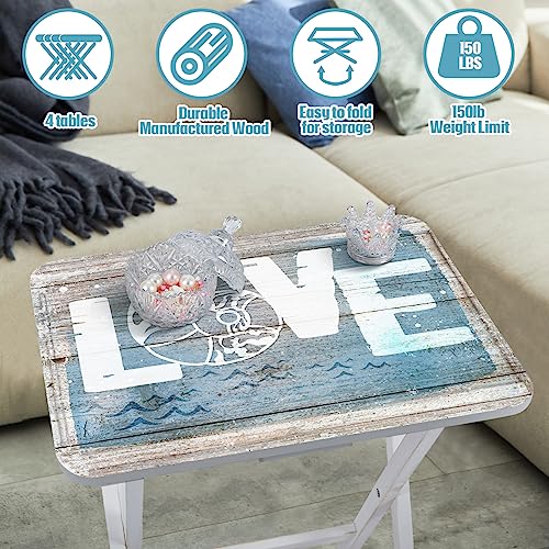 Sintuff Coastal Beach TV Trays Set of 4 with Stand Cape Craftsmen Mermaid Folding Wooden Decorative TV Tray Dinner Tables Farmhouse for Eating on Couch Snack Home Supplies