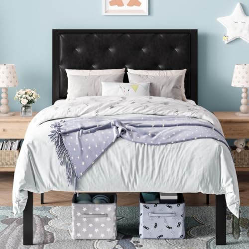 SHA CERLIN Twin Size Metal Bed Frame with PU Tufted Headboard, Black | Modern Design Heavy-Duty Platform Bed, No Box Spring Need, PU Leather Upholstery, Noise Free, Easy Assembly - color: Black, size: Twin