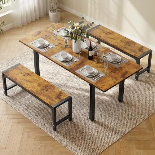63“ Extendable Dining Table Set with 180° Smart-Flip Pivot, Retro | Dining Table Set for 4,Kitchen Table with Bench,Small Dining Table,Perfect for Small Space,Dinner Room Table Set for 6 - color: Rustic