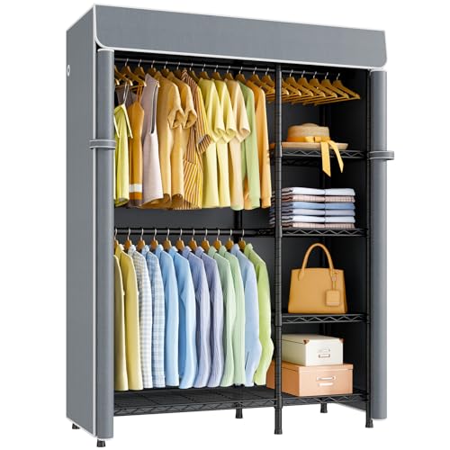 F2C Clothes Rack with Cover, Gray Covered Clothing Racks | Heavy Duty Garment Rack with Shelves and Hanger Rods, Portable Closet System, 47.2"W x 16.5"D x 78.3"H, Load 630lbs - color: Black Closet with Gray Cover