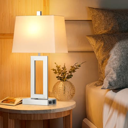 Silver Bedside Table Lamp Set of 2,Nightstand Lamps with USB Ports | Lamps with USB C+A Ports,AC Outlet,23.5 In Modern Metal Lamp for Bedroom Living Room End table,ON/OFF Push Button,NO dimming - color: Silver-Base
