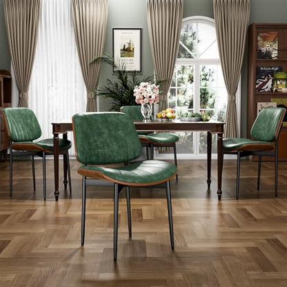 YaFiti Mid Century Dining Chairs Set of 2 with Walnut Bentwood, Green | Ergonomic Walnut Backrest, Upholstered Waterproof PU Leather Seat, Stable Metal Legs, Adjustable Footpads, Apartment Friendly - color: Green Scallop