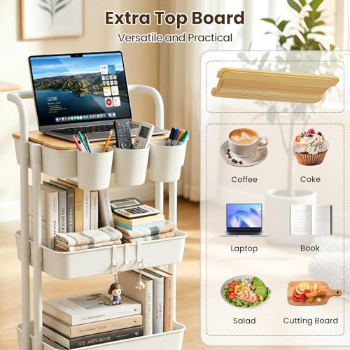 3 Tier Rolling Cart with Table Top, Utility Cart with Lockable Wheel | Hooks & Cup Holders, Multifunctional Rolling Storage Cart for Kitchen, Bathroom, Office, Bedroom, Craft, Living Room (White) - color: White