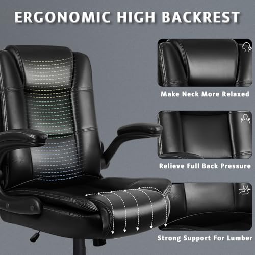 Flip-up Arms Office Desk Chair Big and Tall Managerial Executive Chair, High Back Computer Chair Ergonomic Adjustable Height PU Leather Chairs with Armrest for Long Time Sitting - color: New Black