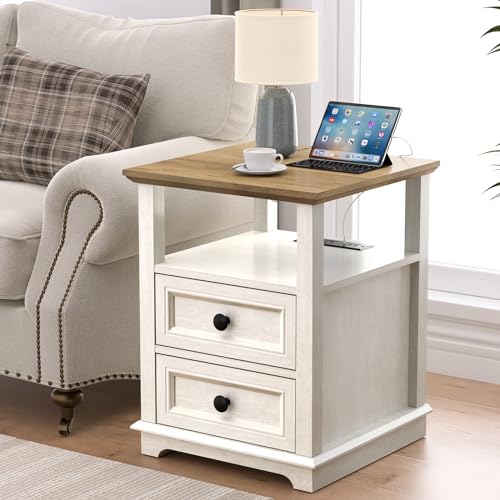 18" Wide End Table with Fast Charging Station Set of 2, 18” Wide Sofa End Table with Drawers,Storage Rustic Wood Storage Cabinet,Sofa Table for Living Room,White | 18” Wide Sofa End Table with Drawers,Storage Rustic Wood Storage Cabinet,Sofa Table for Liv