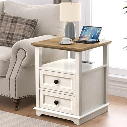 18" Wide End Table with Fast Charging Station Set of 2, 18” Wide Sofa End Table with Drawers,Storage Rustic Wood Storage Cabinet,Sofa Table for Living Room,White | 18” Wide Sofa End Table with Drawers,Storage Rustic Wood Storage Cabinet,Sofa Table for Liv