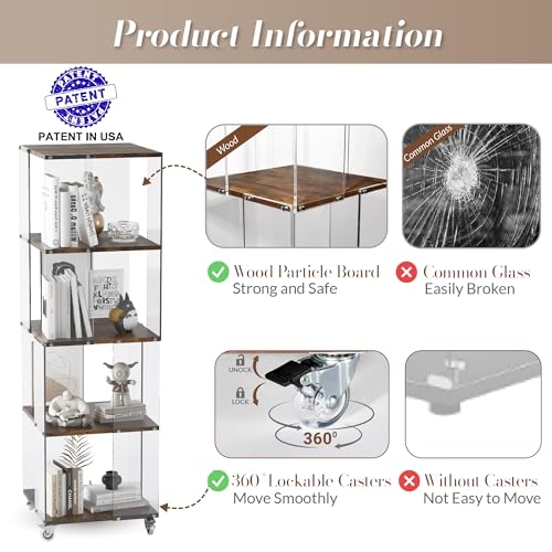 Acrylic Display Shelf with Wheel,4 Tier Bookshelf Storage Rack,Wood Shelves | Clear Acrylic Panels And Wood Shelves Create An Elegant Display Space For Books, Collectibles, Plants And Home Decor. - size: 4-Tier