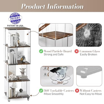 Acrylic Display Shelf with Wheel,4 Tier Bookshelf Storage Rack,Wood Shelves | Clear Acrylic Panels And Wood Shelves Create An Elegant Display Space For Books, Collectibles, Plants And Home Decor. - size: 4-Tier