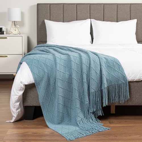 PAVILIA Dusty Blue Knit Throw Blanket, Soft Knitted Farmhouse, 60x80 | Twin Bed, Lightweight Decorative Summer Fall Throw, Outdoor Textured Boho Blanket, For Couch Sofa Chair Living Room Bedroom - color: Dusty Blue, size: 60 X 80 Inches - Twin