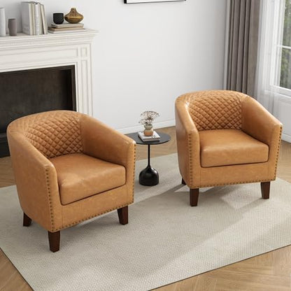Faux Leather Accent Chair, Modern Barrel Club Chair, Coffee | Comfy Upholstered Armchair for Living Room, Round Club Chair Single Sofa Bedroom Reading Seat | 26"D*29"W*29"H - color: Coffee Brown