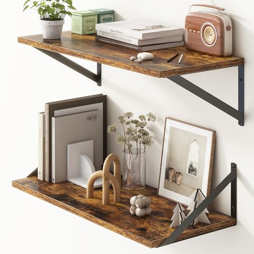 Deep Floating Shelves for Wall, 24"W x 10"D Wall Shelves Set of 2, 10 Inch Deep Floating Shelf with Brackets, Wide Display & Storage Shelves for Books, Living Room, Kitchen, Bathroom, Rustic Brown - color: Rustic Brown, size: 24"W x10"D