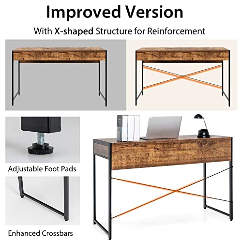 Tangkula Industrial Computer Desk with 2 Drawers, Simple Study Writing Desk with Drawers, 44 Inches Laptop PC Workstation, Student Desk Home Office Desk Ideal for Bedroom & Office (Rustic Brown) - color: Rustic Brown