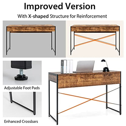Tangkula Industrial Computer Desk with 2 Drawers, Simple Study Writing Desk with Drawers, 44 Inches Laptop PC Workstation, Student Desk Home Office Desk Ideal for Bedroom & Office (Rustic Brown) - color: Rustic Brown