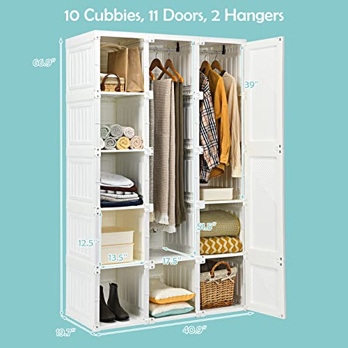 Tangkula Portable Closet Wardrobe, Foldable Clothes Organizer with Cubby Storage, Hanging Rods, Easy Assemble Clothing Storage with Magnet Doors, Folding Bedroom Armoire (10 Cubbies & 2 Rods)