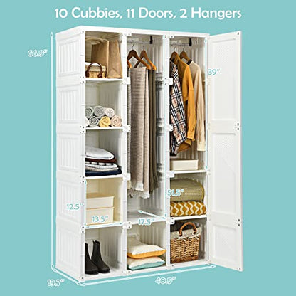 Tangkula Portable Closet Wardrobe, Foldable Clothes Organizer with Cubby Storage, Hanging Rods, Easy Assemble Clothing Storage with Magnet Doors, Folding Bedroom Armoire (10 Cubbies & 2 Rods)