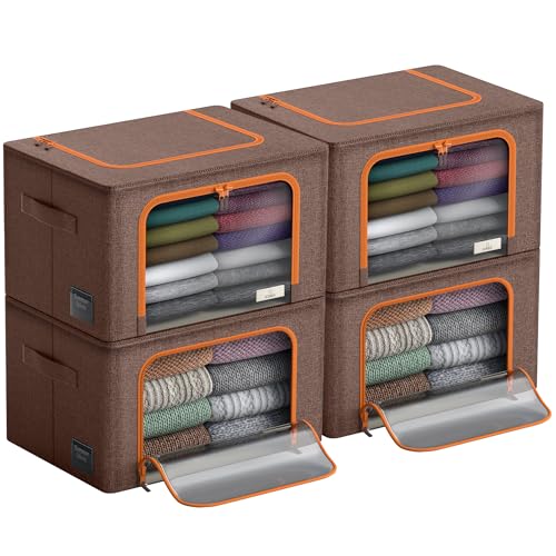 Sorbus Storage Bins with Metal Frame - Stackable & Foldable Clothes Organizer Bags - Oxford Fabric Storage Containers with Large Clear Window & Carry Handles Organization for Bedding Linen & Clothing - color: Brown, size: 4 Pack