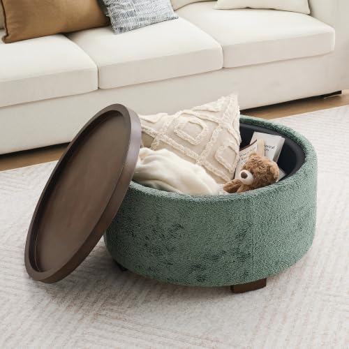 Zihanhome 30" Round Chenille Storage Ottoman Coffee Table with Removable Tray Top, Large Hidden Storage Ottoman, Solid Wood Legs for Living Room, Bedroom, Apartment (Moss Green) - color: Moss Green